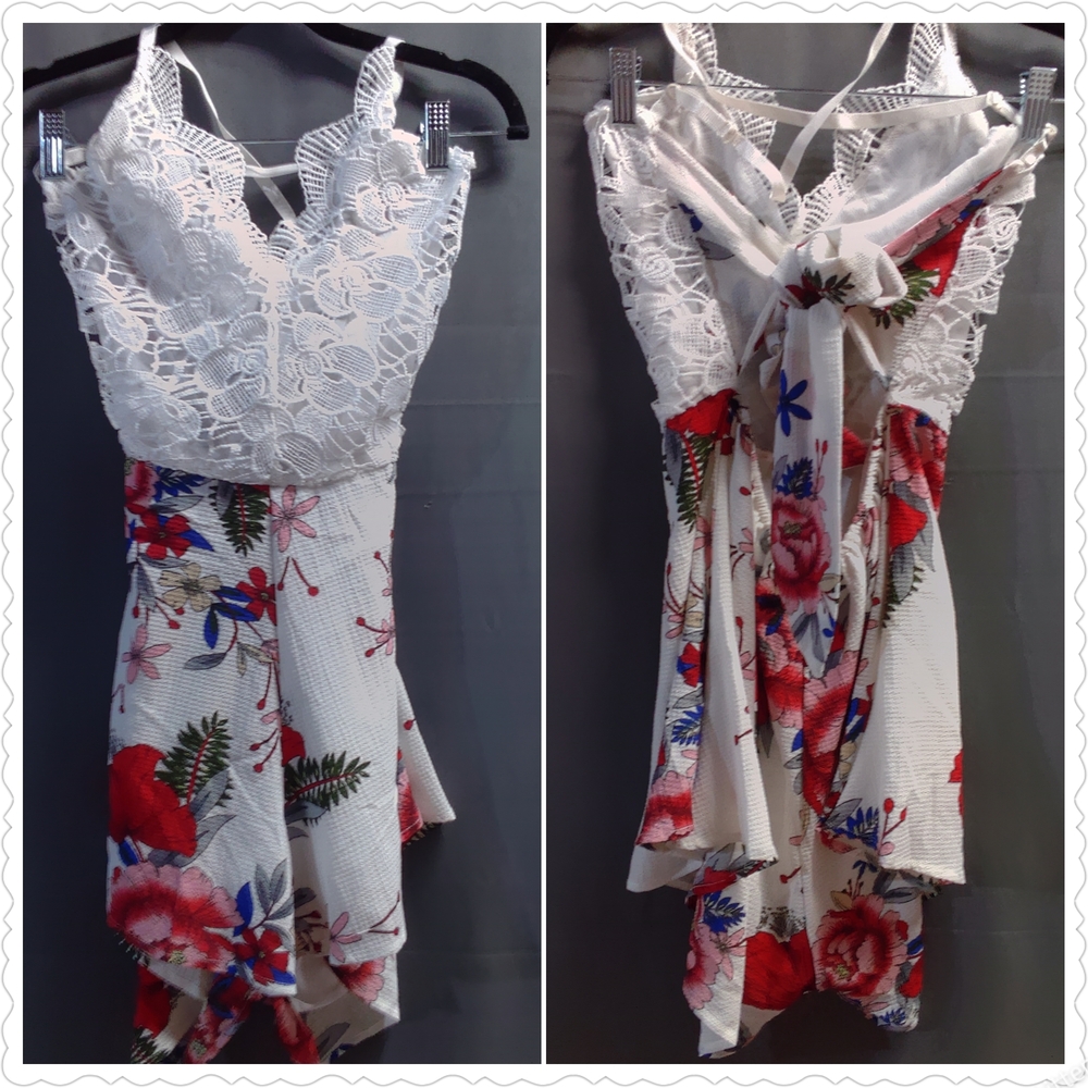 Floral Lace Romper with Red and Blue Accents